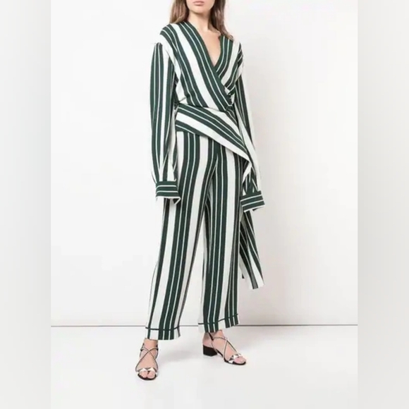 $1,790 OSCAR DE LA RENTA GREEN STRIPE ASYMMETRIC SACH CREPE BLOUSE US 0 - Picture 6 of 10